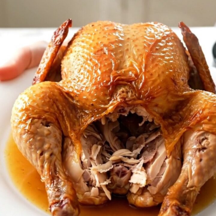 A whole roasted chicken in a slow cooker surrounded by sliced apples and savory sauce.