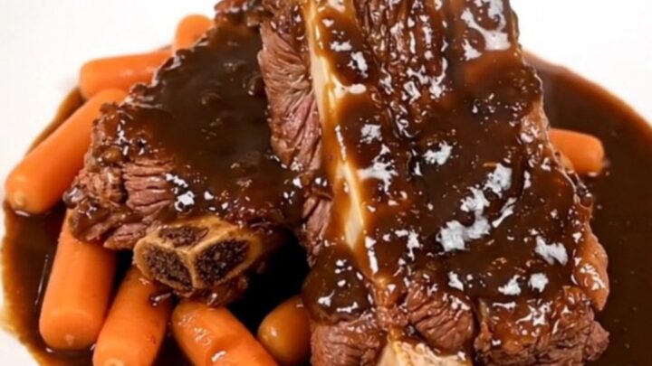 A rustic platter featuring tender, slow-cooked beef short ribs with carrots in a rich, glossy red wine sauce.
