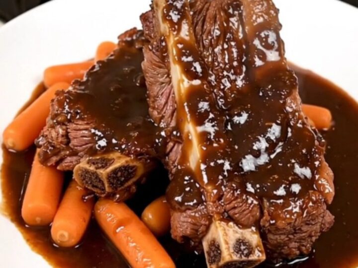A rustic platter featuring tender, slow-cooked beef short ribs with carrots in a rich, glossy red wine sauce.