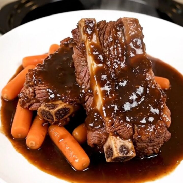 A rustic platter featuring tender, slow-cooked beef short ribs with carrots in a rich, glossy red wine sauce.