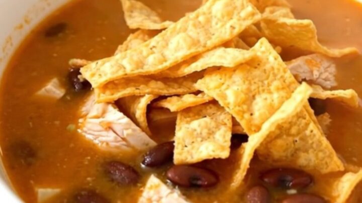 A white bowl filled with steaming chicken tortilla soup, topped with crispy tortilla strips and held by a hand.