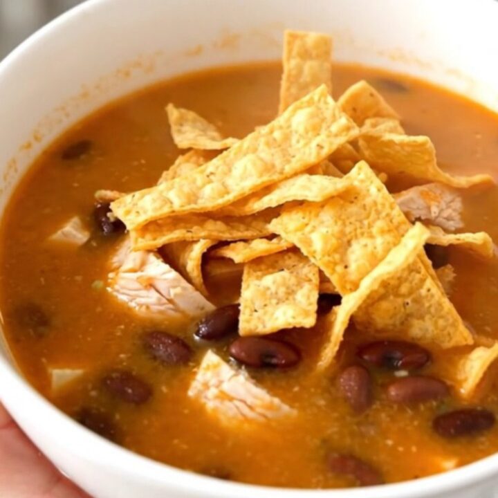 A white bowl filled with steaming chicken tortilla soup, topped with crispy tortilla strips and held by a hand.