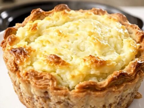 A steaming, hearty portion of slow cooker beef shepherd's pie served on a clean white round plate.