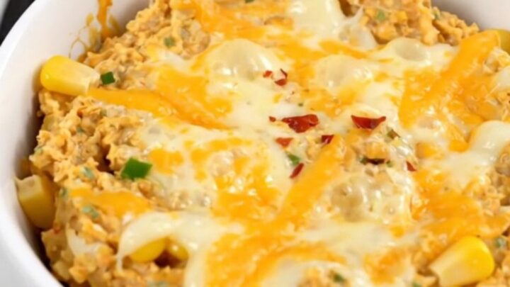 A warm, creamy Mexican street corn dip in a white bowl, garnished with chili powder and ready to eat.