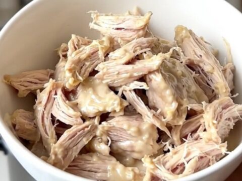 A close-up of creamy shredded queso blanco chicken in a white bowl with a subtle steam effect.