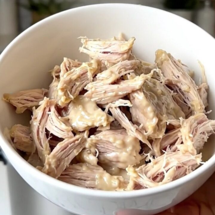 A close-up of creamy shredded queso blanco chicken in a white bowl with a subtle steam effect.