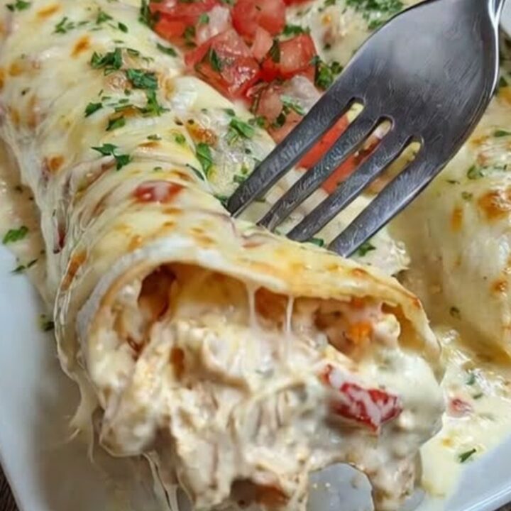 A white dish holding golden, cheesy queso chicken enchiladas garnished with diced tomatoes and fresh cilantro with rising