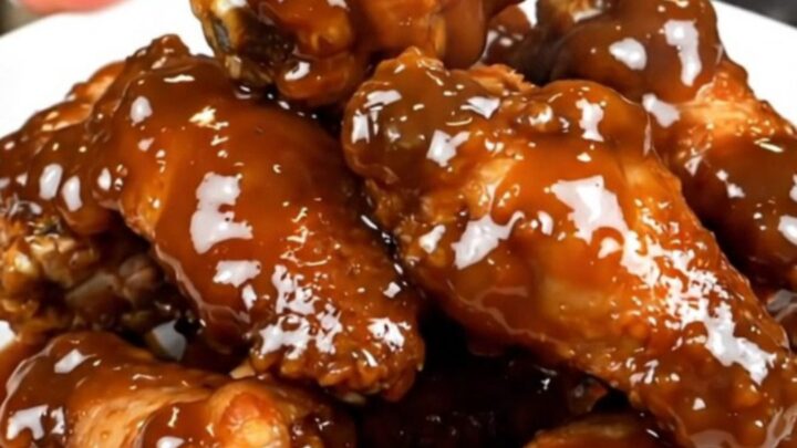 A close-up of sticky maple bacon chicken wings piled on a white plate.