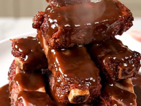 A close-up view of tender, glazed beef short ribs served on a white plate with a side of sauce.