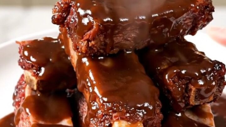 A close-up view of tender, glazed beef short ribs served on a white plate with a side of sauce.