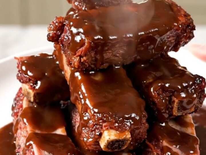 A close-up view of tender, glazed beef short ribs served on a white plate with a side of sauce.