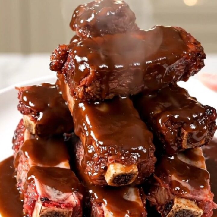 A close-up view of tender, glazed beef short ribs served on a white plate with a side of sauce.