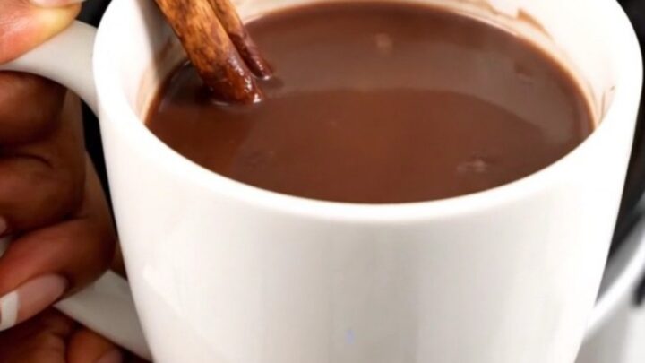 A white mug filled with rich, glossy Mexican hot chocolate, garnished with a cinnamon stick