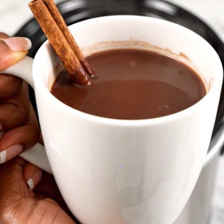 A white mug filled with rich, glossy Mexican hot chocolate, garnished with a cinnamon stick