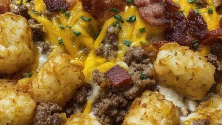 A portion of bacon cheeseburger tater tot casserole being lifted with a spatula, showing melted cheese pull
