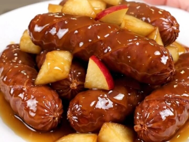 A close-up of sliced kielbasa and tender apple chunks coated in a glossy, dark cider glaze on a white plate.