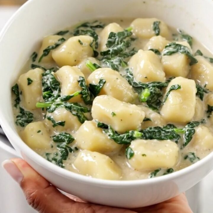 A white bowl filled with creamy spinach and ricotta gnocchi, steam rising from the dish with blurred kitchen cabinets