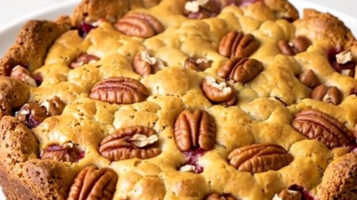 A warm, golden-brown pumpkin pecan cobbler served in a rustic slow cooker on a white quartz countertop.