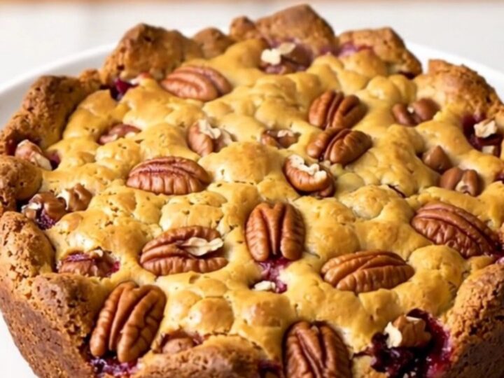 A warm, golden-brown pumpkin pecan cobbler served in a rustic slow cooker on a white quartz countertop.