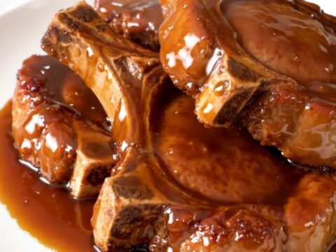 Close-up of glossy honey garlic pork chops on a white plate with visible glaze and steam.
