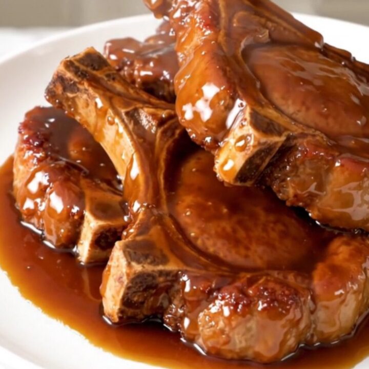 Close-up of glossy honey garlic pork chops on a white plate with visible glaze and steam.