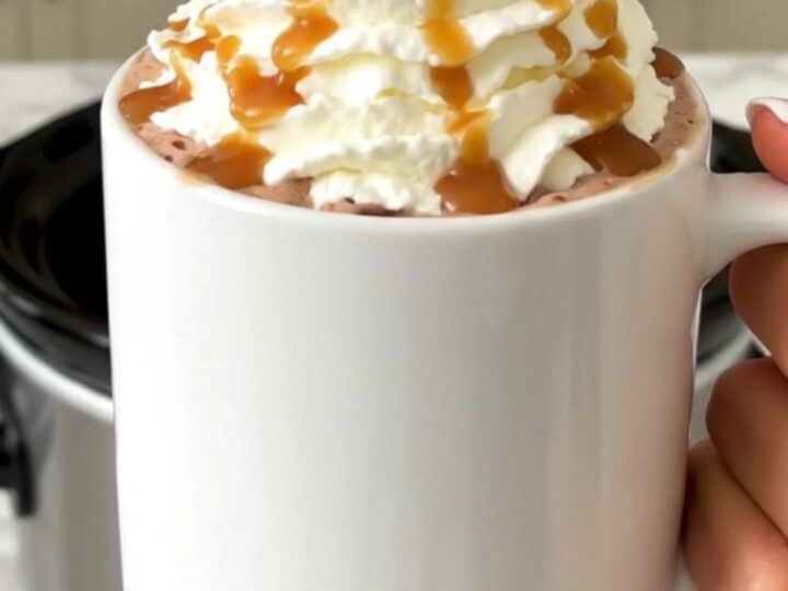 A steaming mug of salted caramel hot chocolate topped with whipped cream and caramel drizzle.