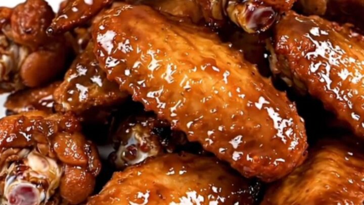 A close-up of glossy, caramelized chicken wings piled high on a white plate.