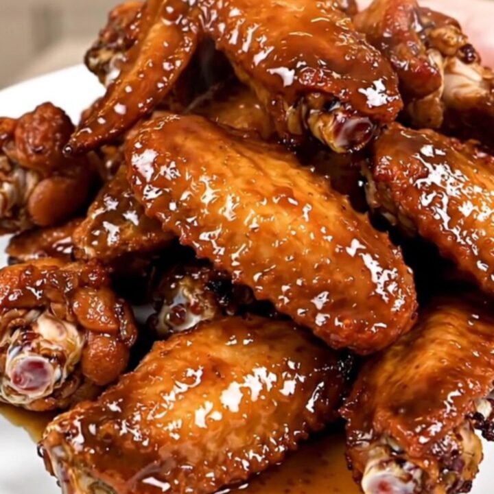 A close-up of glossy, caramelized chicken wings piled high on a white plate.