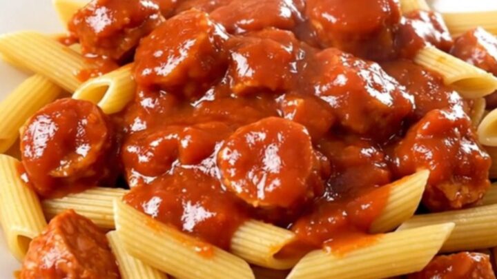 A steaming plate of penne pasta tossed in a rich marinara sauce with sliced Italian sausage and bell peppers.