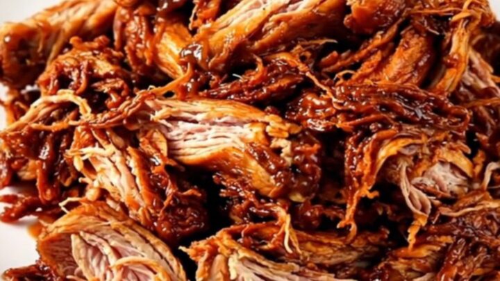A whole barbecue chicken cooking inside a black slow cooker with onions.