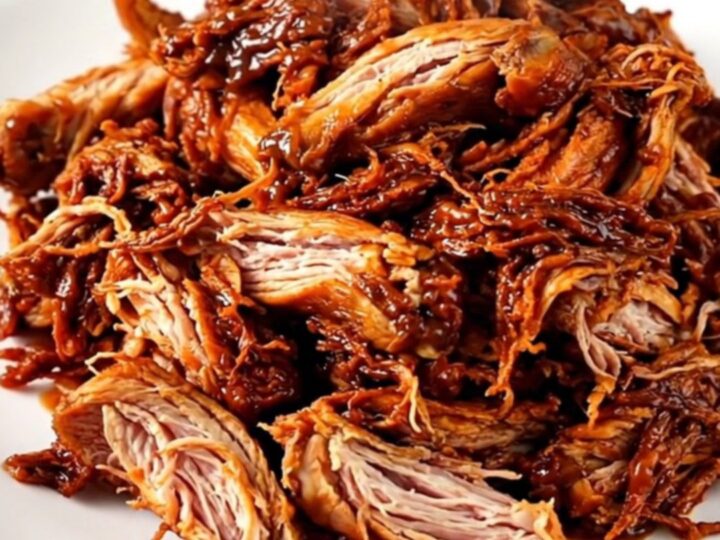 A whole barbecue chicken cooking inside a black slow cooker with onions.