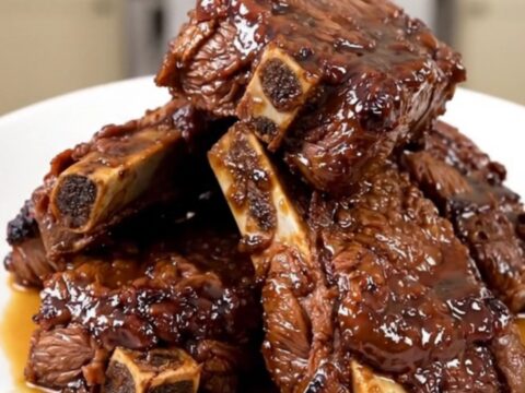A close-up of tender, glossy beef short ribs served on a white plate with soft, braised apple slices.