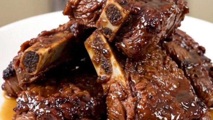 A close-up of tender, glossy beef short ribs served on a white plate with soft, braised apple slices.