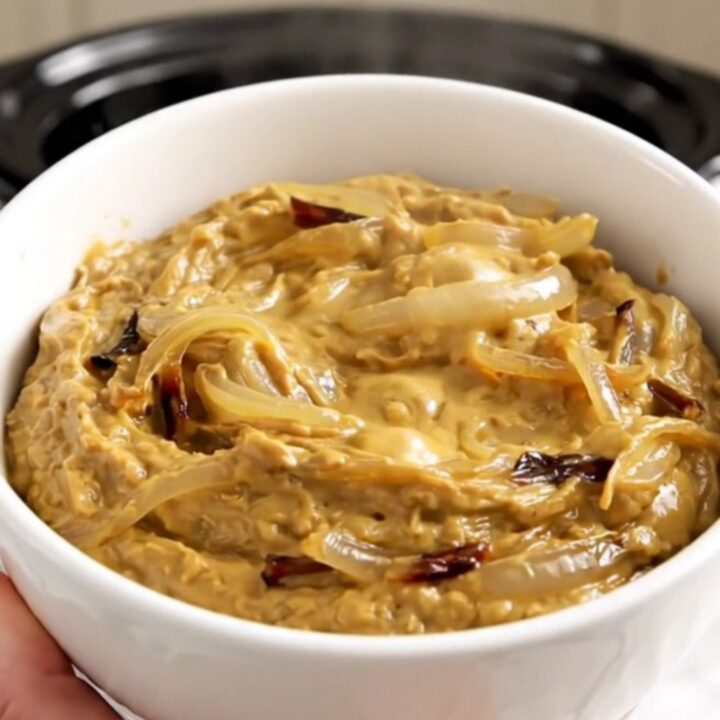 A bowl of warm, creamy French onion dip with caramelized onions, ready to be served with crackers.