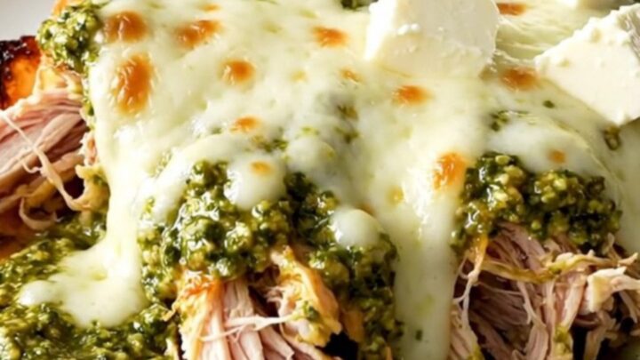 Creamy pesto mozzarella chicken in a slow cooker with vibrant cherry tomatoes.