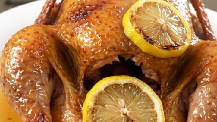 A slow cooker filled with a whole raw chicken, lemon slices, and garlic, ready to be cooked.