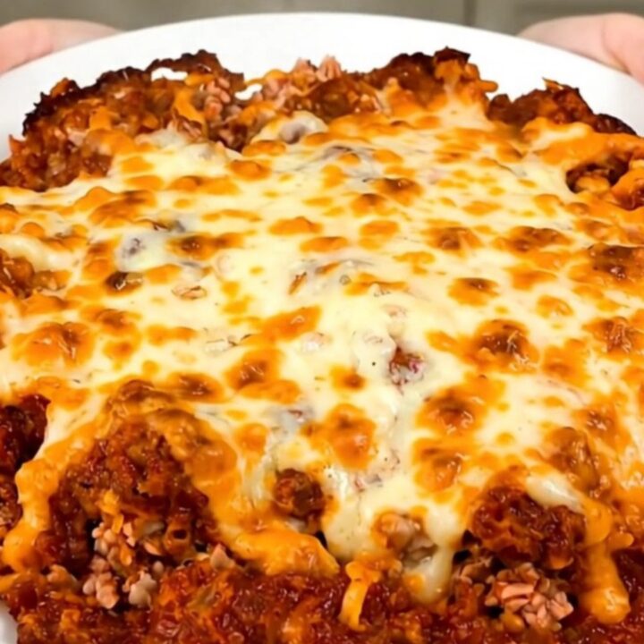 A steaming beef enchilada casserole in a black slow cooker on a white speckled countertop.