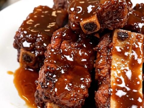 A top-down view of tender, glossy beef short ribs in a black slow cooker with green onion garnish.