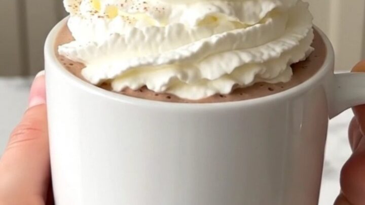 A steaming mug of pumpkin white hot chocolate topped with whipped cream.