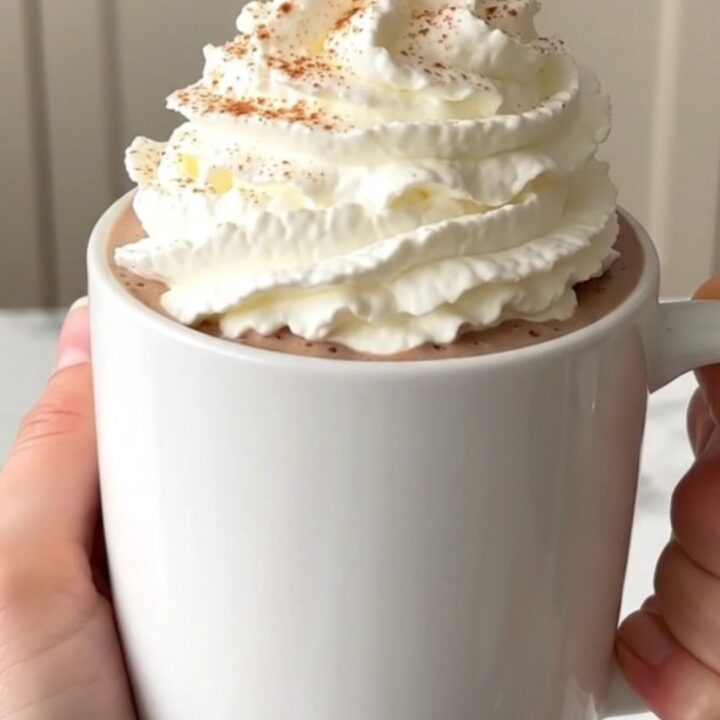 A steaming mug of pumpkin white hot chocolate topped with whipped cream.