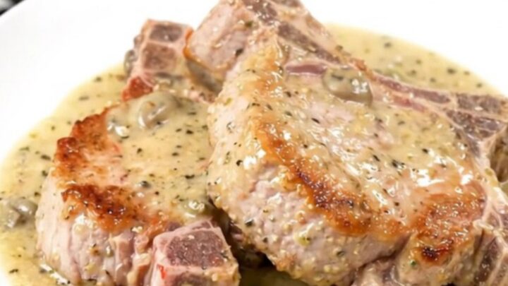 A close-up of tender, slow-cooked pork chops smothered in a creamy, glossy garlic parmesan sauce.