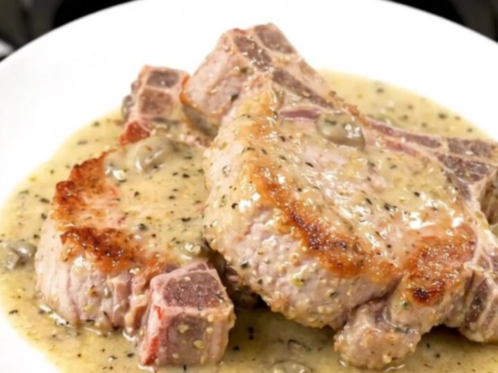 A close-up of tender, slow-cooked pork chops smothered in a creamy, glossy garlic parmesan sauce.