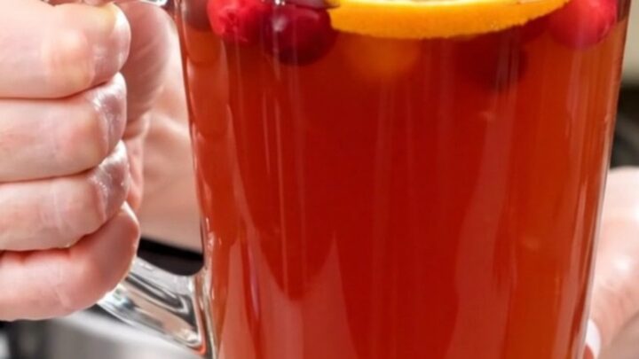 A clear glass mug filled with steaming cranberry apple cider topped with a fresh orange slice.