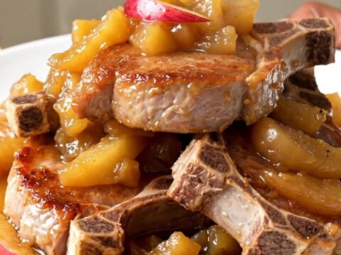 A close-up of tender, slow-cooked pork chops topped with soft, glazed apple slices on a white plate.