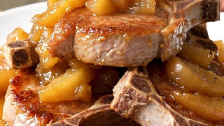 A close-up of tender, slow-cooked pork chops topped with soft, glazed apple slices on a white plate.