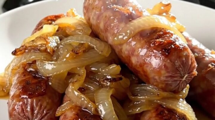 Slow cooker bratwurst and caramelized onions in a rich cider sauce served on a white plate.