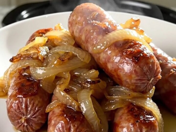 Slow cooker bratwurst and caramelized onions in a rich cider sauce served on a white plate.