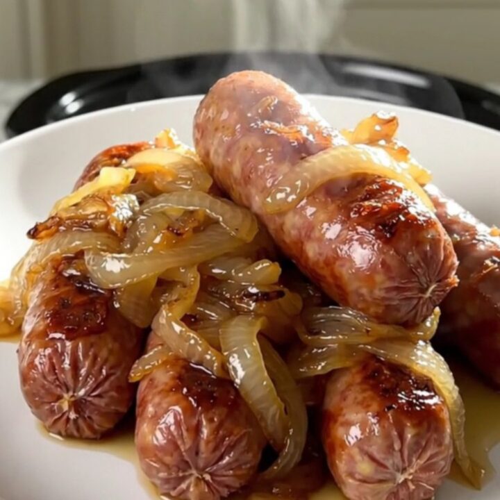 Slow cooker bratwurst and caramelized onions in a rich cider sauce served on a white plate.