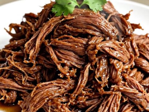 A close-up of tender, shredded chipotle beef on a white plate, showing the moist texture and deep color.