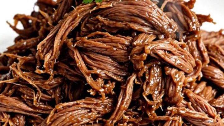 A close-up of tender, shredded chipotle beef on a white plate, showing the moist texture and deep color.